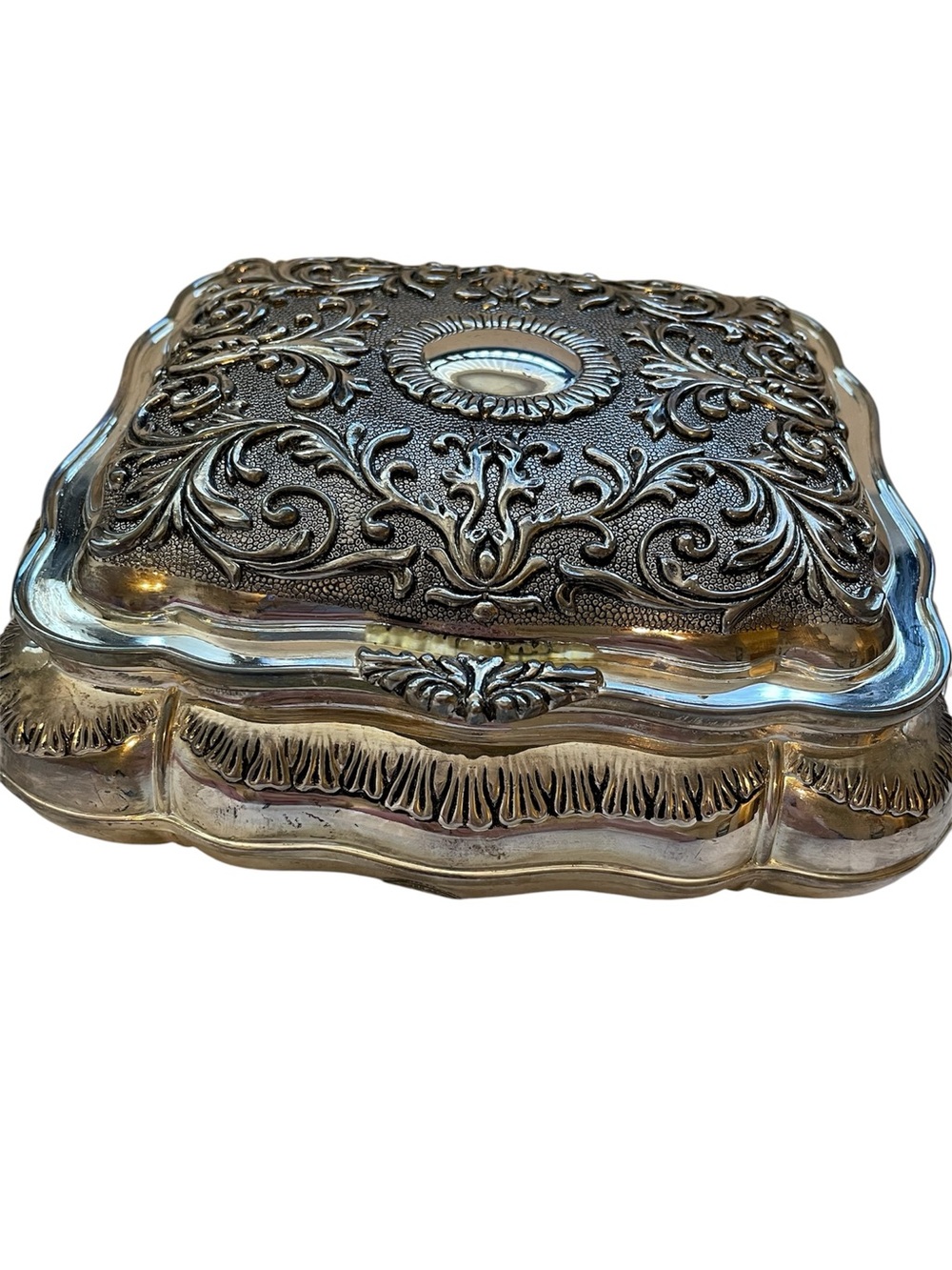 Vintage Godinger Silverplate Victorian Ornate Jewelry Box Red Velvet Lining